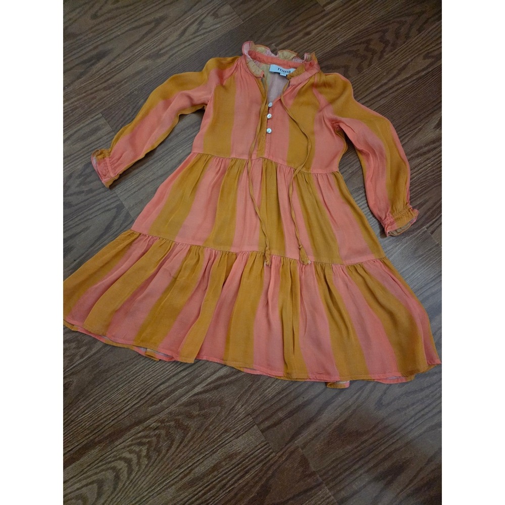 Roma Kids Orange Pink Striped Tiered Modal Satin Dress Size 2-3Y Long Sleeve
